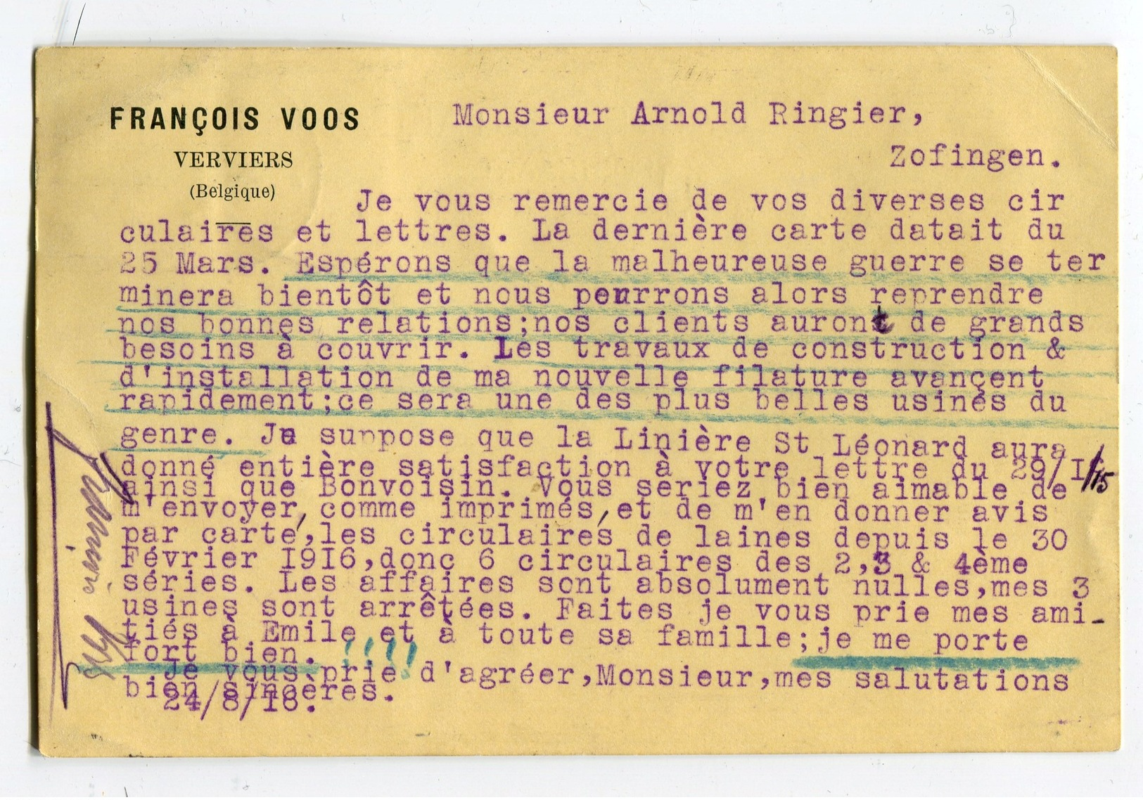 Schweiz Heimat AG Zofingen 23-08-1916 Porto 5Rp Auf Zensur Postkarte Aus Verviers Mit Germania 3, 5Rp Aufdruck Belgien - Portomarken