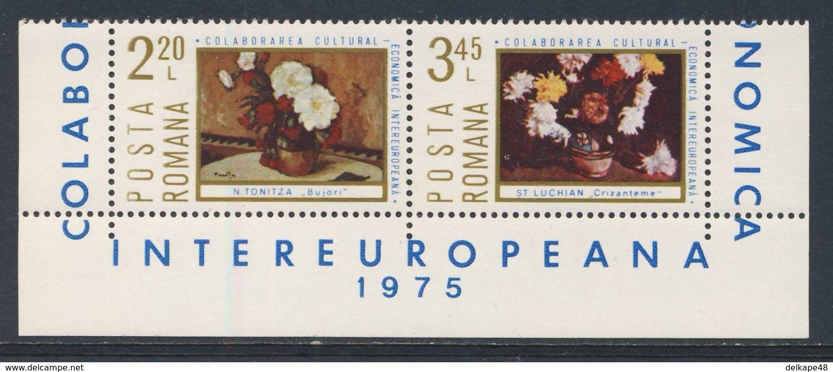 Romania Romana Rumänien 1975 Mi 3258 /9 Pair ** "Peonies" By Nicolae Tonitza + "Chrysanthemums" By Stefan Luchian - Altri & Non Classificati