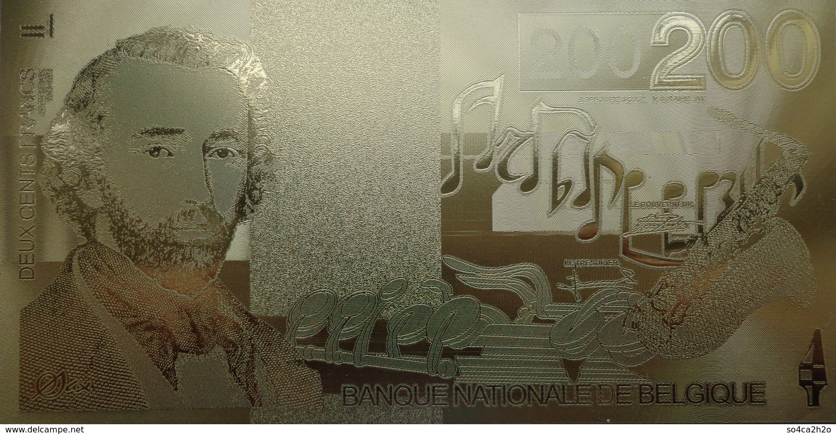 Billet Plaqué Or 24K Belgique 200 Francs Adolphe Sax 1995 NEUF - Autres - Europe