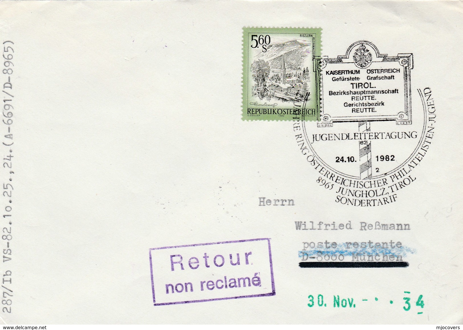 1982 IMPERIAL AUSTRIA YOUTH PHILATELIC RING Event COVER To Germany RETOUR RETURNED Stamps - Philatelic Exhibitions