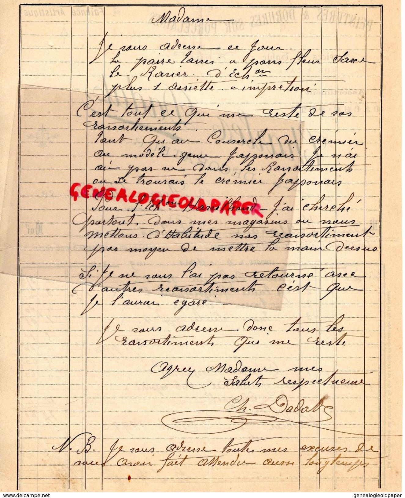 87-LIMOGES-RARE LETTRE FACTURE SIGNEE CHARLES DADAT-DECORATEUR DOREUR SUR PORCELAINE-PORCELAINES-82 AVENUE GAMBETTA-1899 - 1800 – 1899