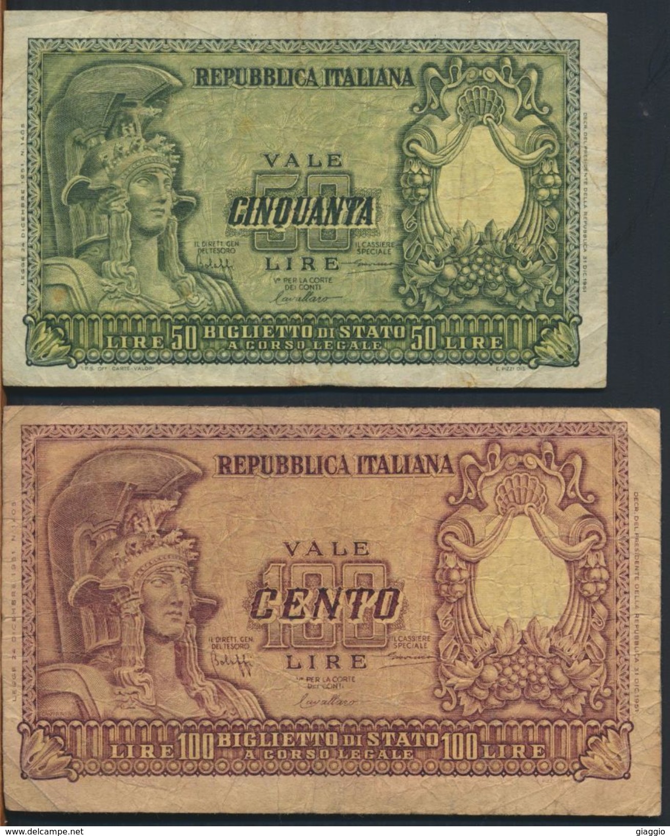 °°° ITALIA - 50 100 LIRE BUSTO D'ITALIA ELMATA  31/12/1951 °°° - 100 Lire