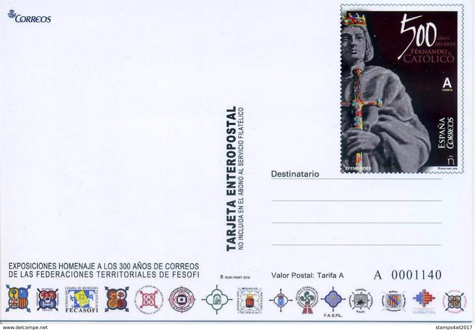 Tarjeta Exposiciones Regionales 300 Aniversario Correos. 300 Correos (Spanish Post) Exhibition Card. - Unused Stamps