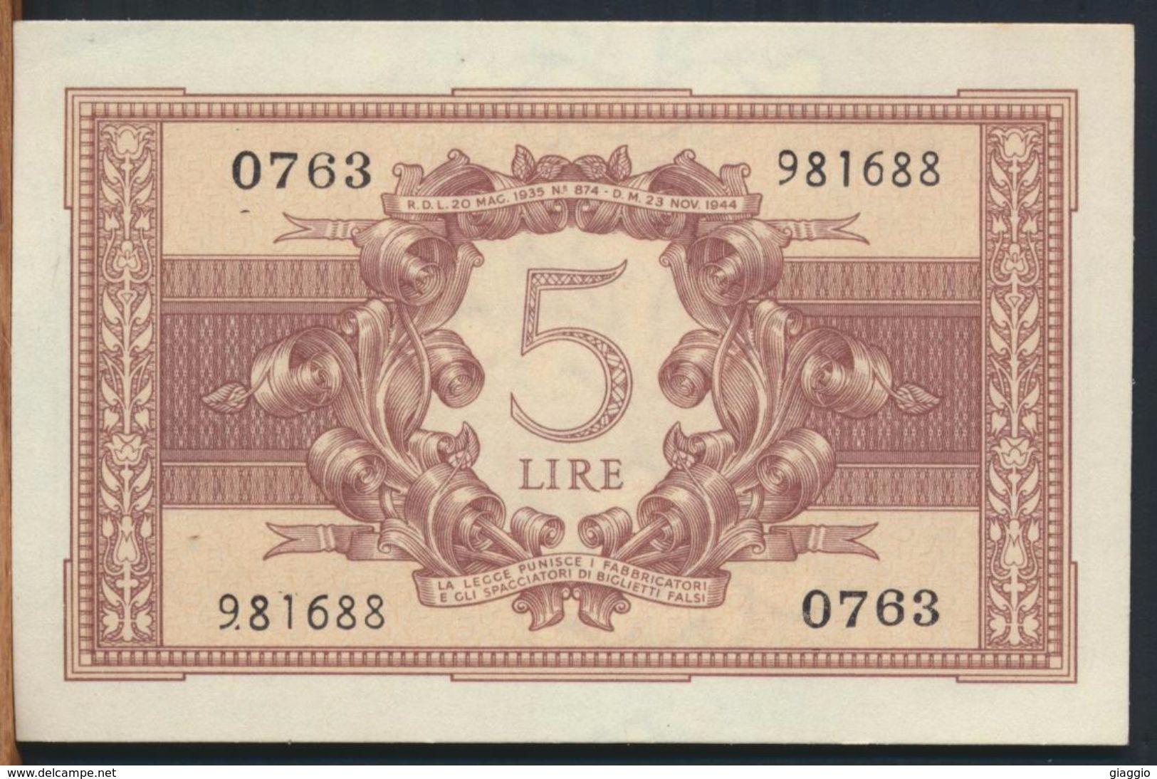 °°° ITALIA - 5 LIRE ATENA  23/11/1944 - BS.31 °°° - Italia – 5 Lire