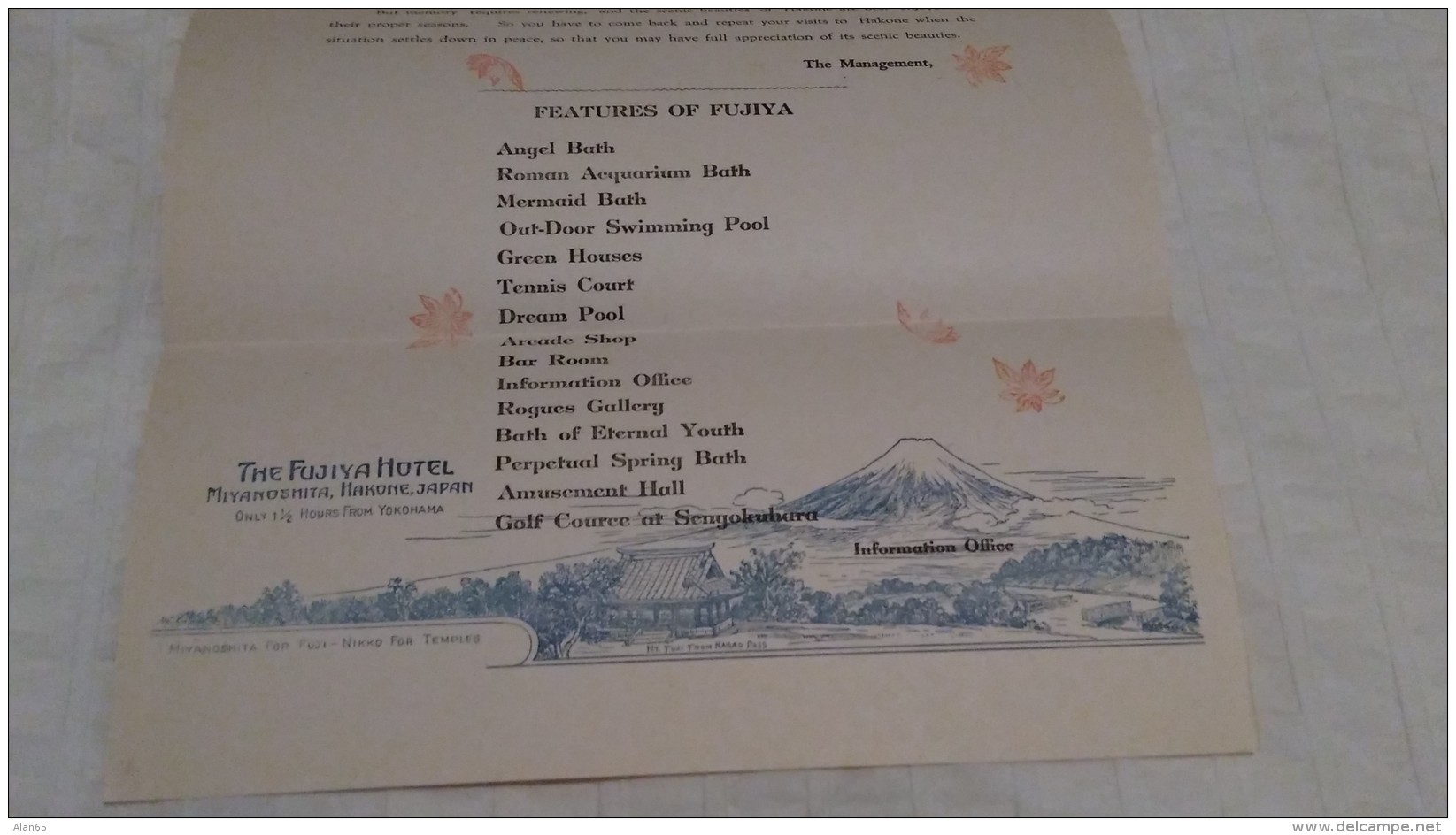 Fujiya Hotel, Japan, Brochure Tour Schedule Map &amp; Welcome Letter, Hospitality Japan Tourism c1930s Documents