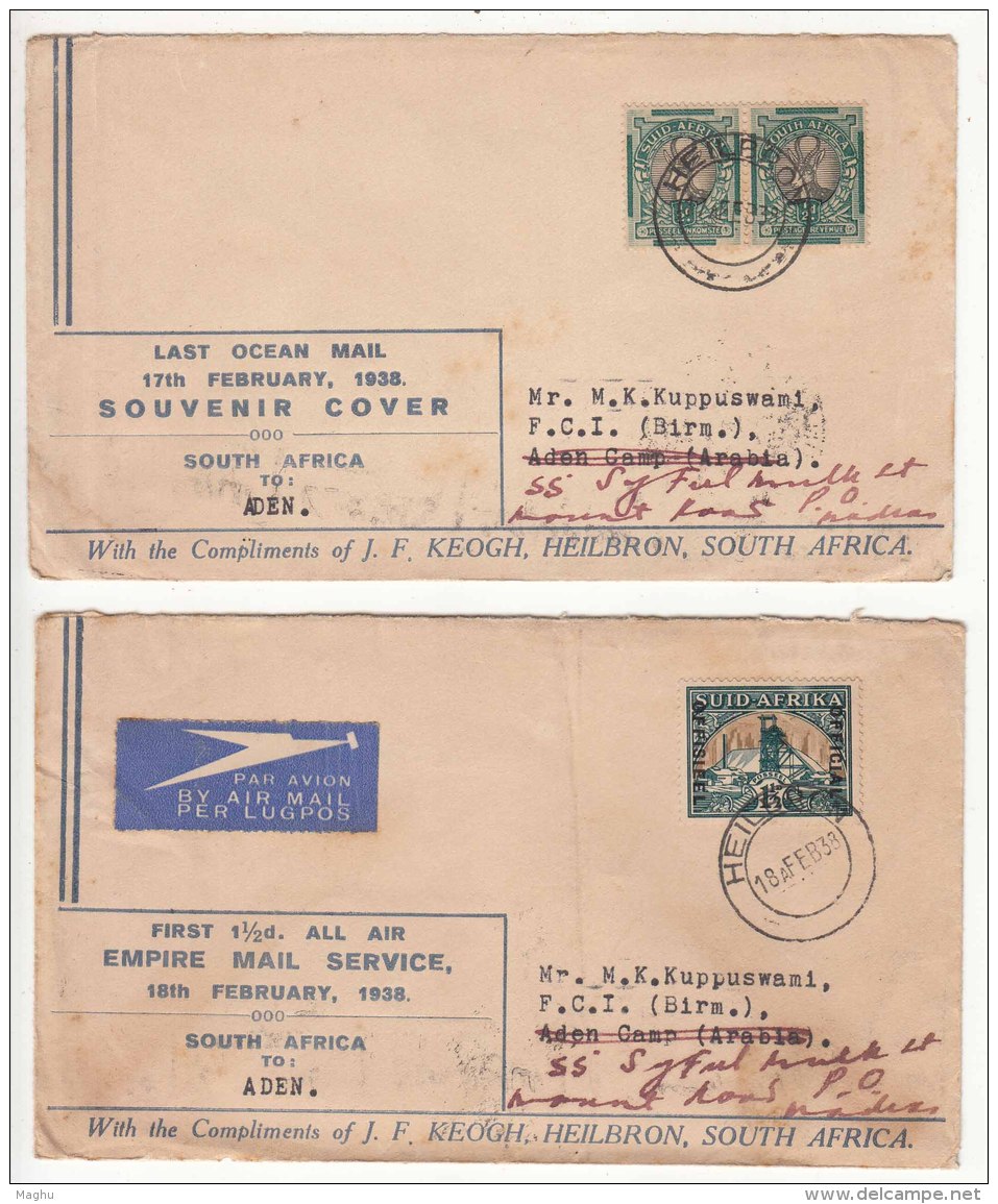 Combination Empire First  Flight Cover &amp; Last Ocean Sea Mail, FFC South Africa To Aden Camp, Redirect British India  - Airmail