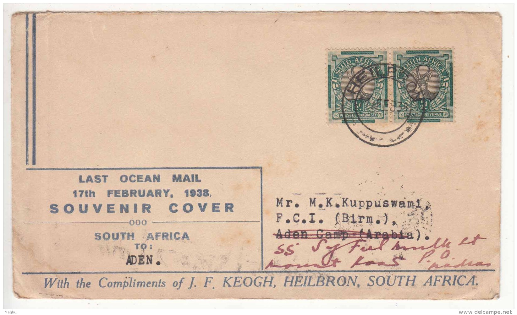 Combination Empire First  Flight Cover &amp; Last Ocean Sea Mail, FFC South Africa To Aden Camp, Redirect British India  - Luchtpost