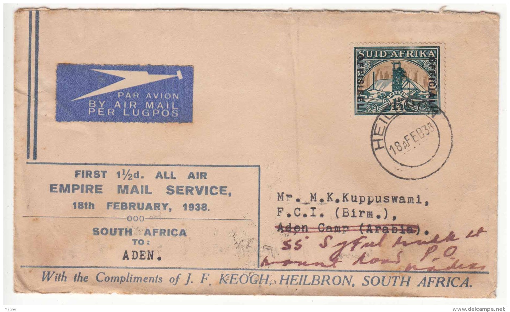 Combination Empire First  Flight Cover &amp; Last Ocean Sea Mail, FFC South Africa To Aden Camp, Redirect British India  - Luchtpost