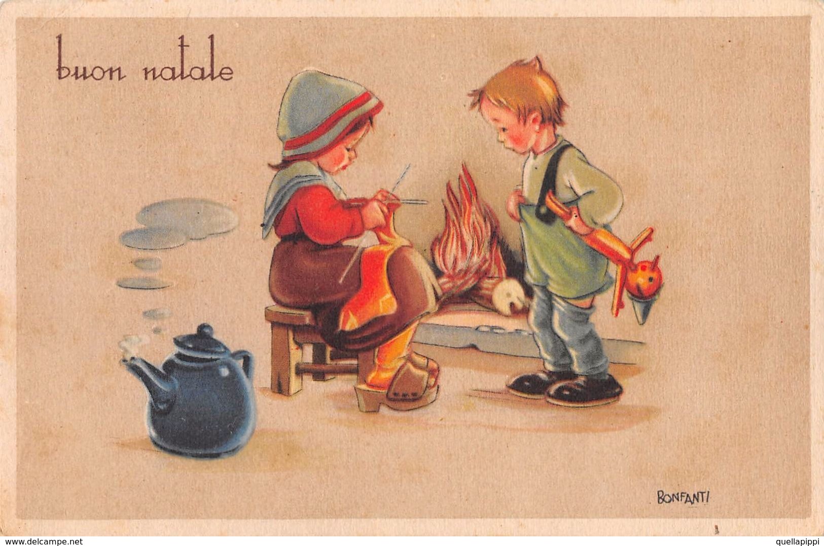 D7033 "BUON NATALE" ANIMATA, BAMBINA CHE FA LA CALZA, BIMBO CON PINOCCHIO, CAMINO,TEIERA. CART SPED 1942 - Places & Squares