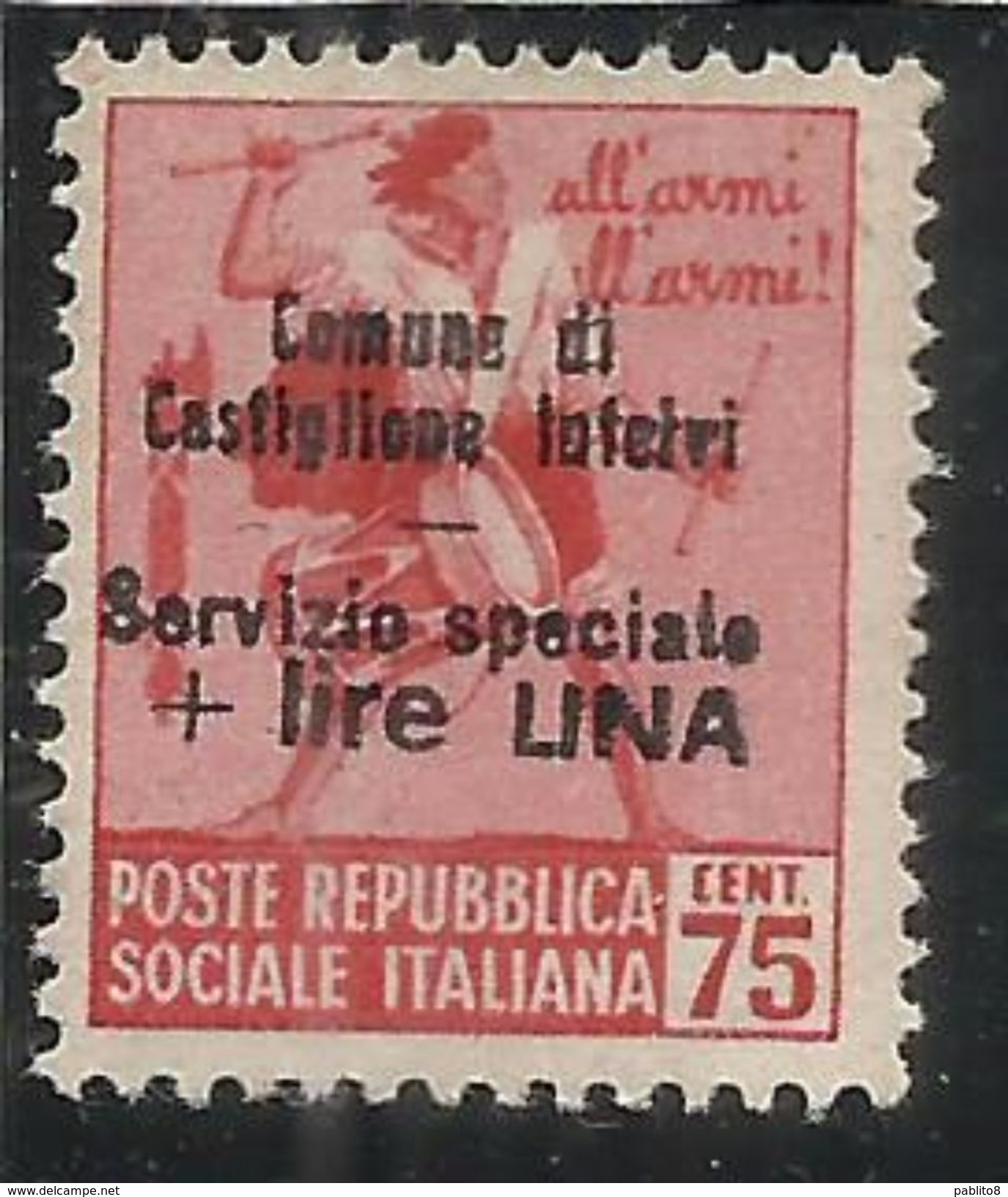 EMISSIONI LOCALI CASTIGLIONE D'INTELVI 1945 MONUMENTI E TAMBURINI LIRE 1 SU CENT. 0.75c MNH - Ortsausgaben/Autonome A.