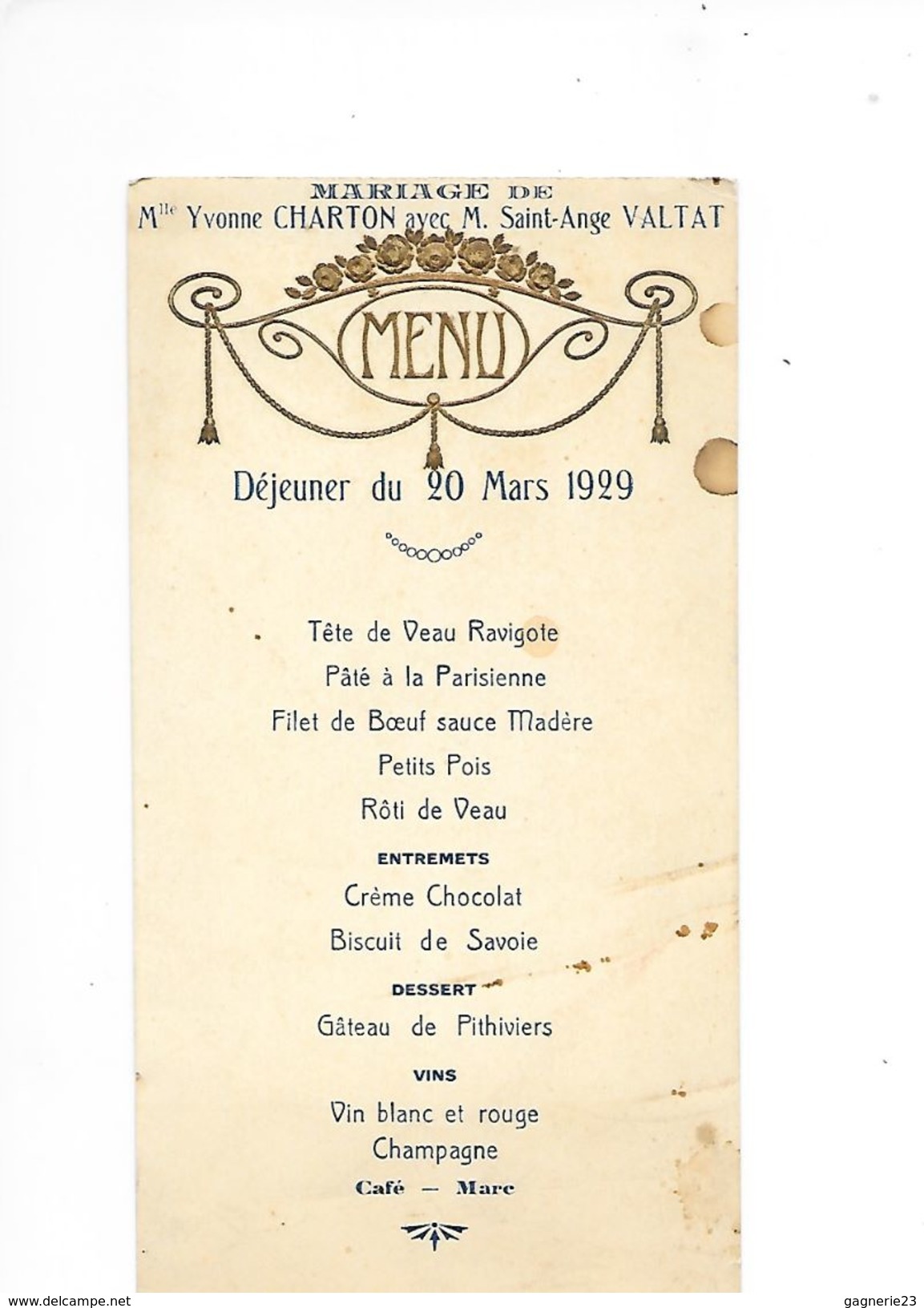 MENU  De Mariage Charton/Valtat Déjeuner Du 20 Mars 1929 - - Hotels & Restaurants