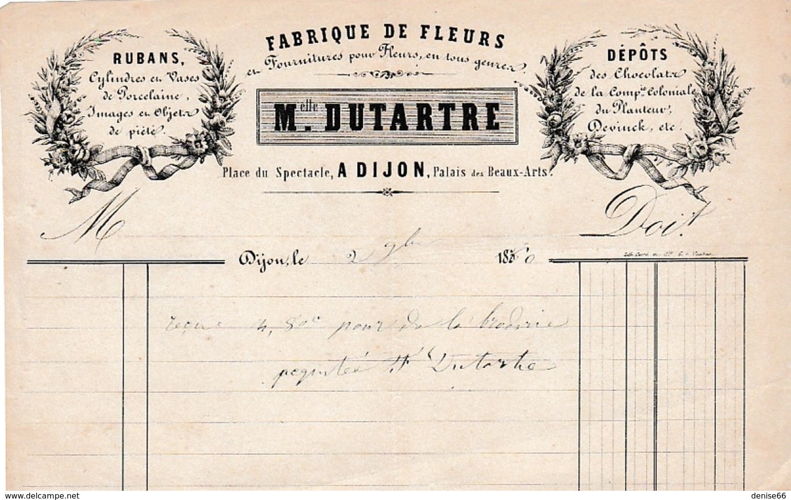 1860 - DIJON (21) - FABRIQUE DE FLEURS - Maison Melle DUTARTRE - Place Du Spectacle - Historische Documenten