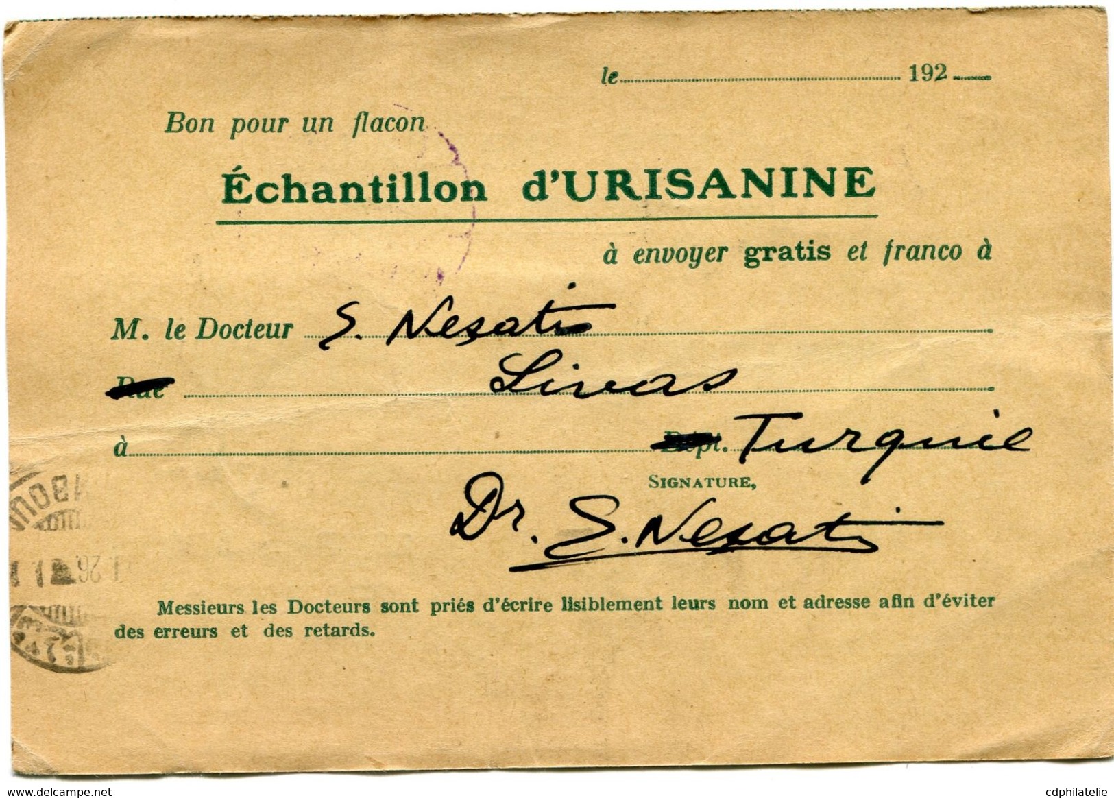 TURQUIE CARTE POSTALE BON POUR UN FLACON ECHANTILLON D'URISANINE DEPART SIVAS ?-?-26  POUR LA FRANCE - Briefe U. Dokumente