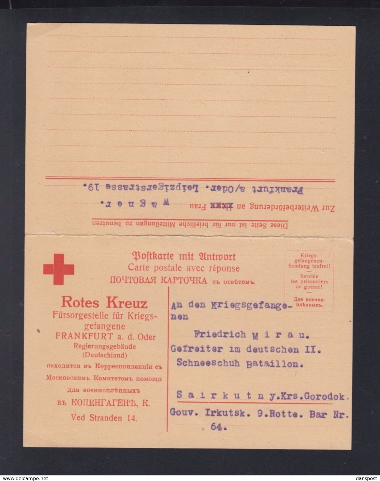Dt. Reich GSK Rotes Kreuz Mit Antwort  über Kopenhagen Nach Irkutsk - Sonstige & Ohne Zuordnung