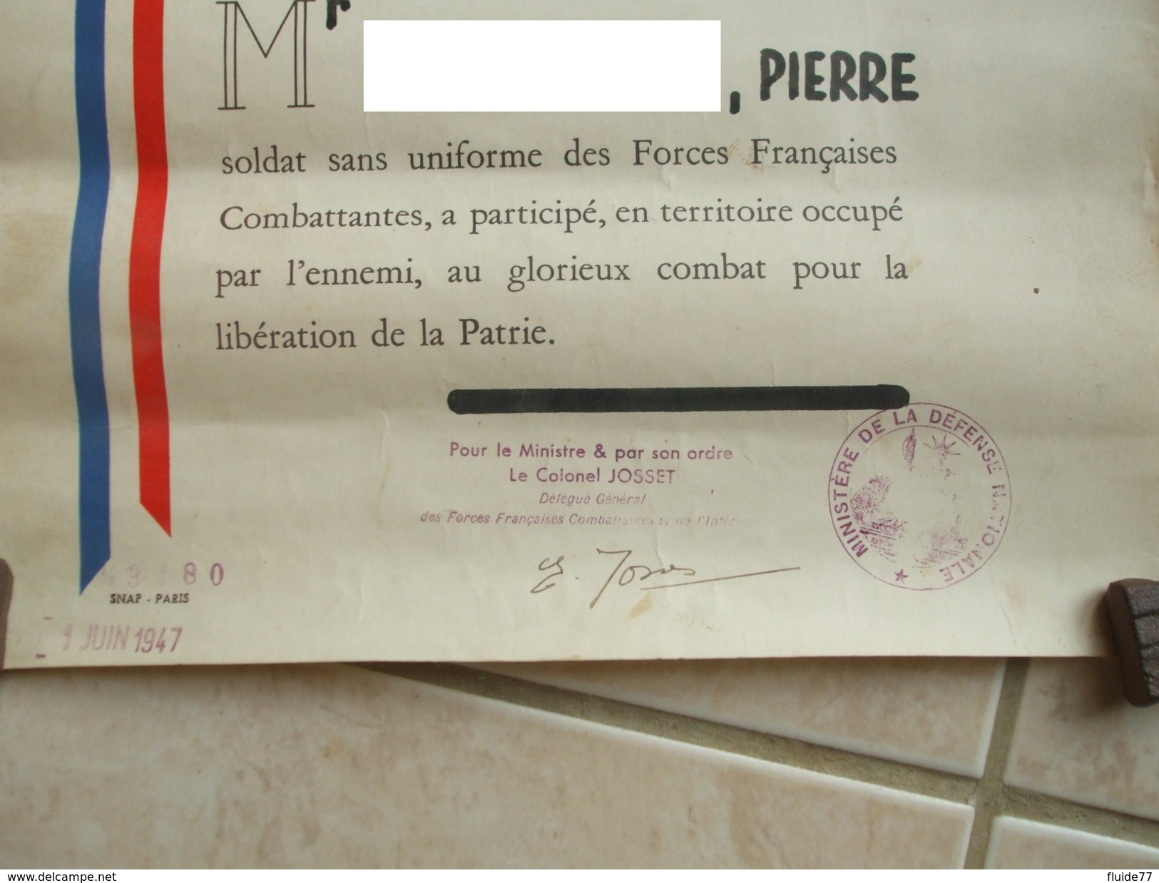 @ Diplome D'honneur Et Patrie Forces Francaises Combattantes De L'Interieur ( FFI ) Décerné Le 1 Juin 1947 @ - Documenti