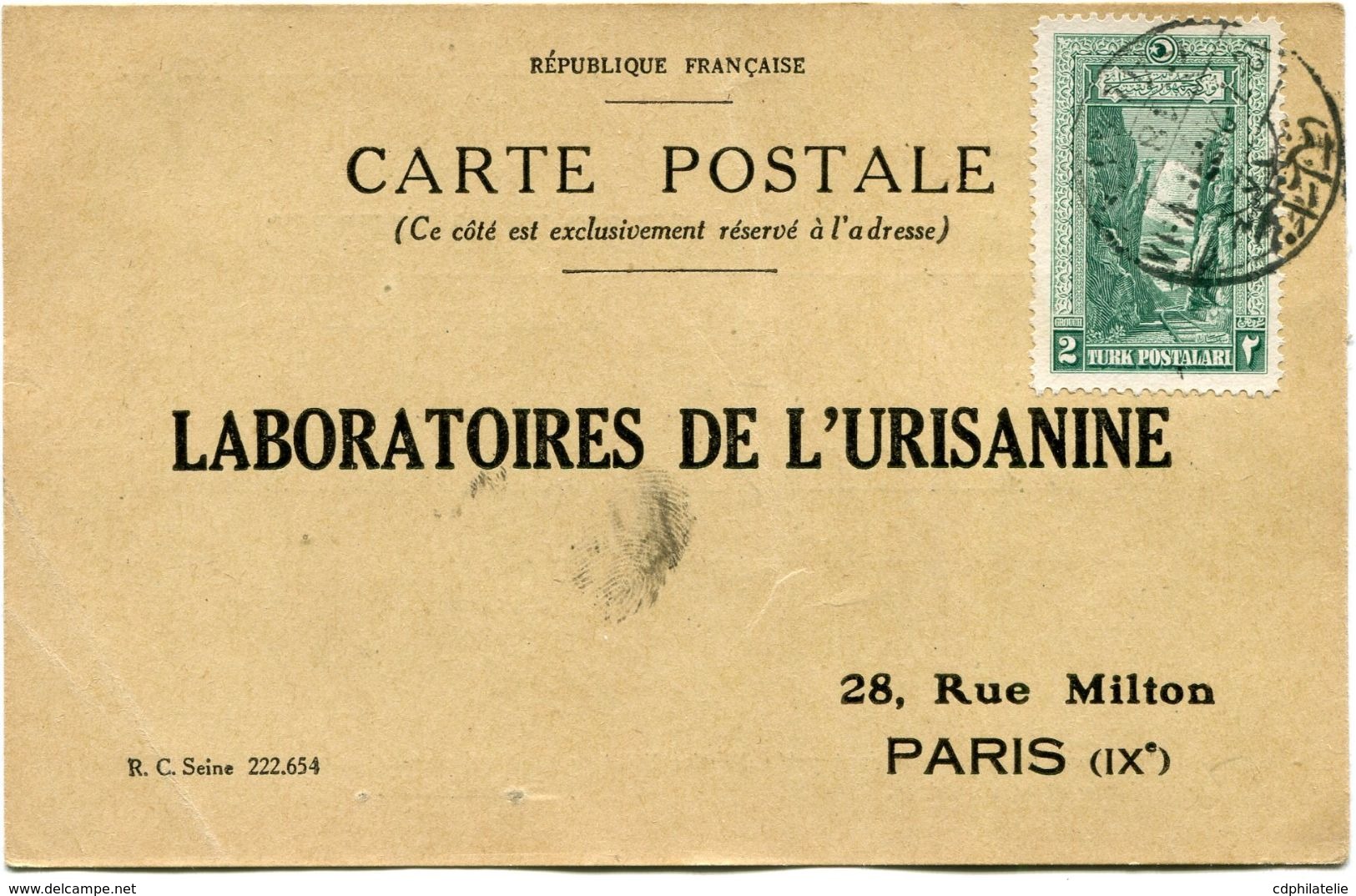 TURQUIE CARTE POSTALE BON POUR UN FLACON ECHANTILLON D'URISANINE DEPART ? 18-7-26  POUR LA FRANCE - Briefe U. Dokumente