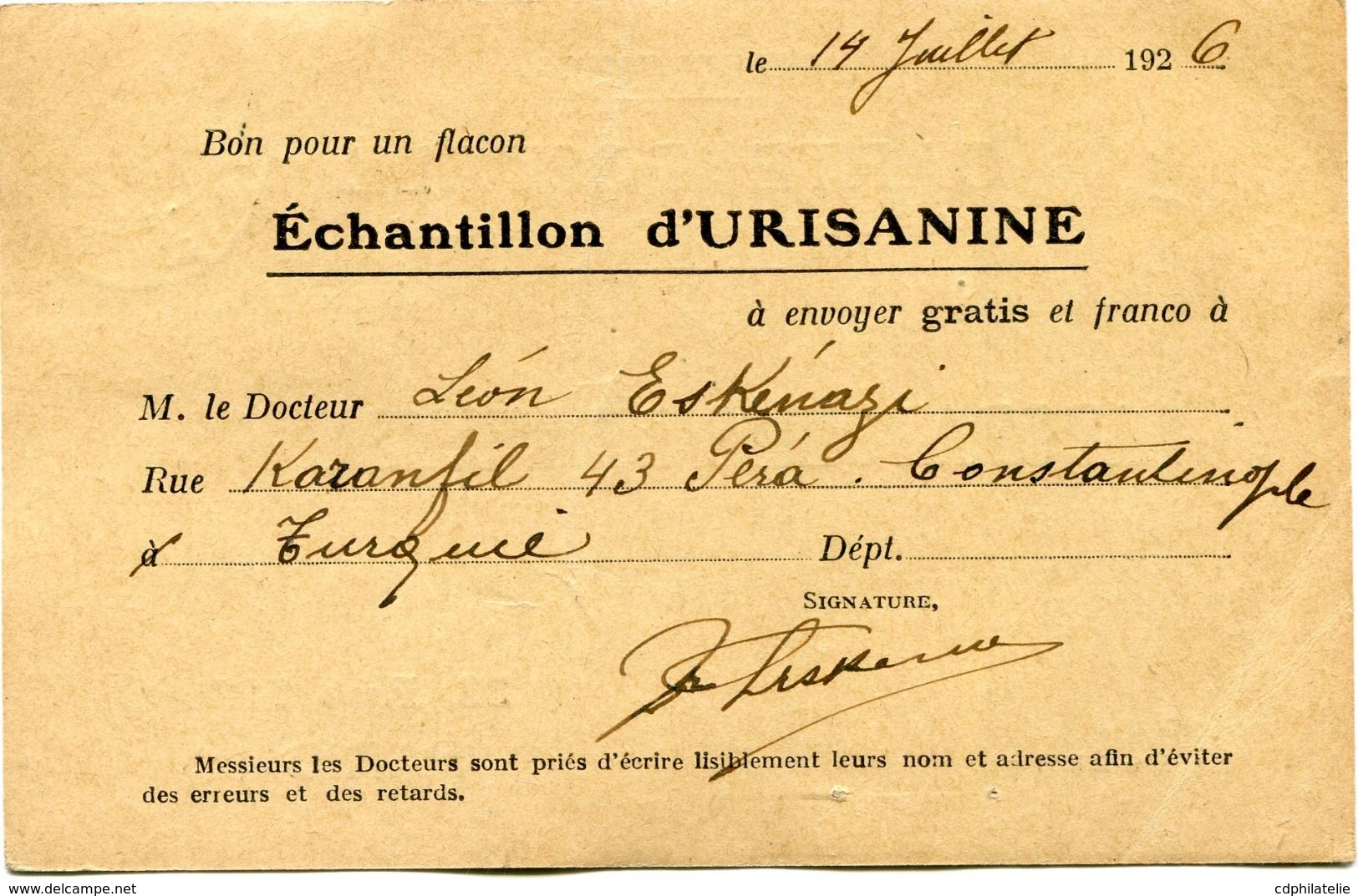 TURQUIE CARTE POSTALE BON POUR UN FLACON ECHANTILLON D'URISANINE DEPART ? 18-7-26  POUR LA FRANCE - Covers & Documents