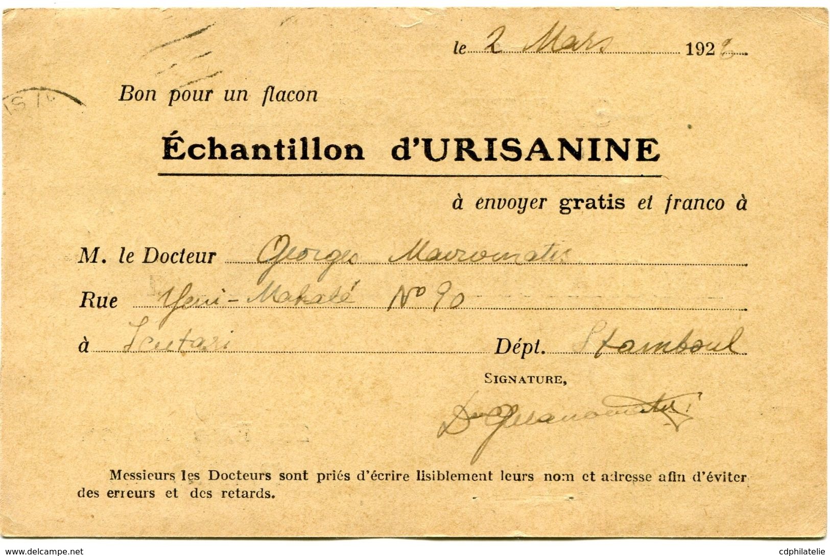 TURQUIE CARTE POSTALE BON POUR UN FLACON ECHANTILLON D'URISANINE DEPART PERA 2-3-26  POUR LA FRANCE - Covers & Documents