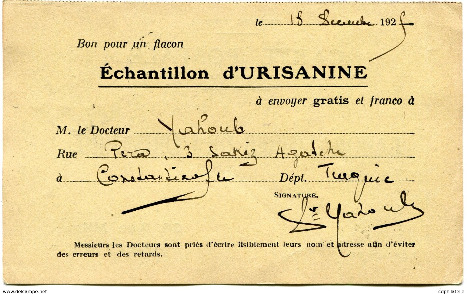 TURQUIE CARTE POSTALE BON POUR UN FLACON ECHANTILLON D'URISANINE DEPART PERA 18-12-25  POUR LA FRANCE - Briefe U. Dokumente