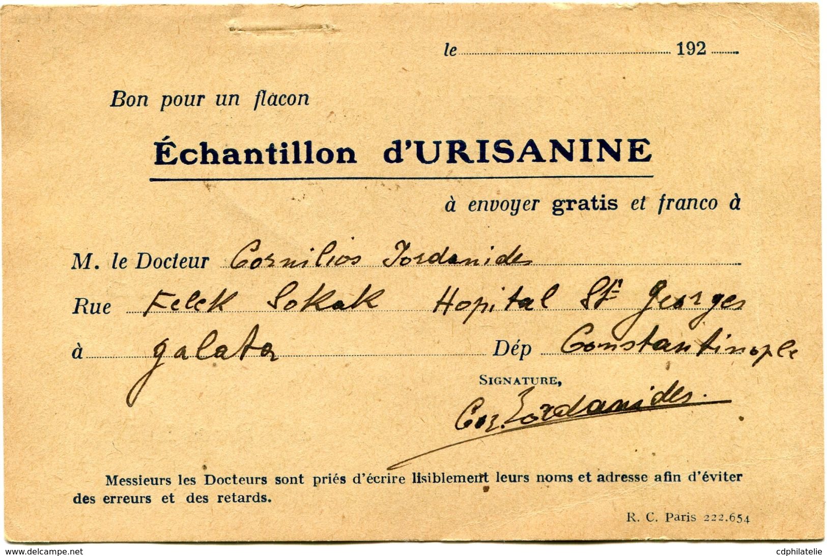 TURQUIE CARTE POSTALE BON POUR UN FLACON ECHANTILLON D'URISANINE DEPART GALATA 8-12-27  POUR LA FRANCE - Lettres & Documents