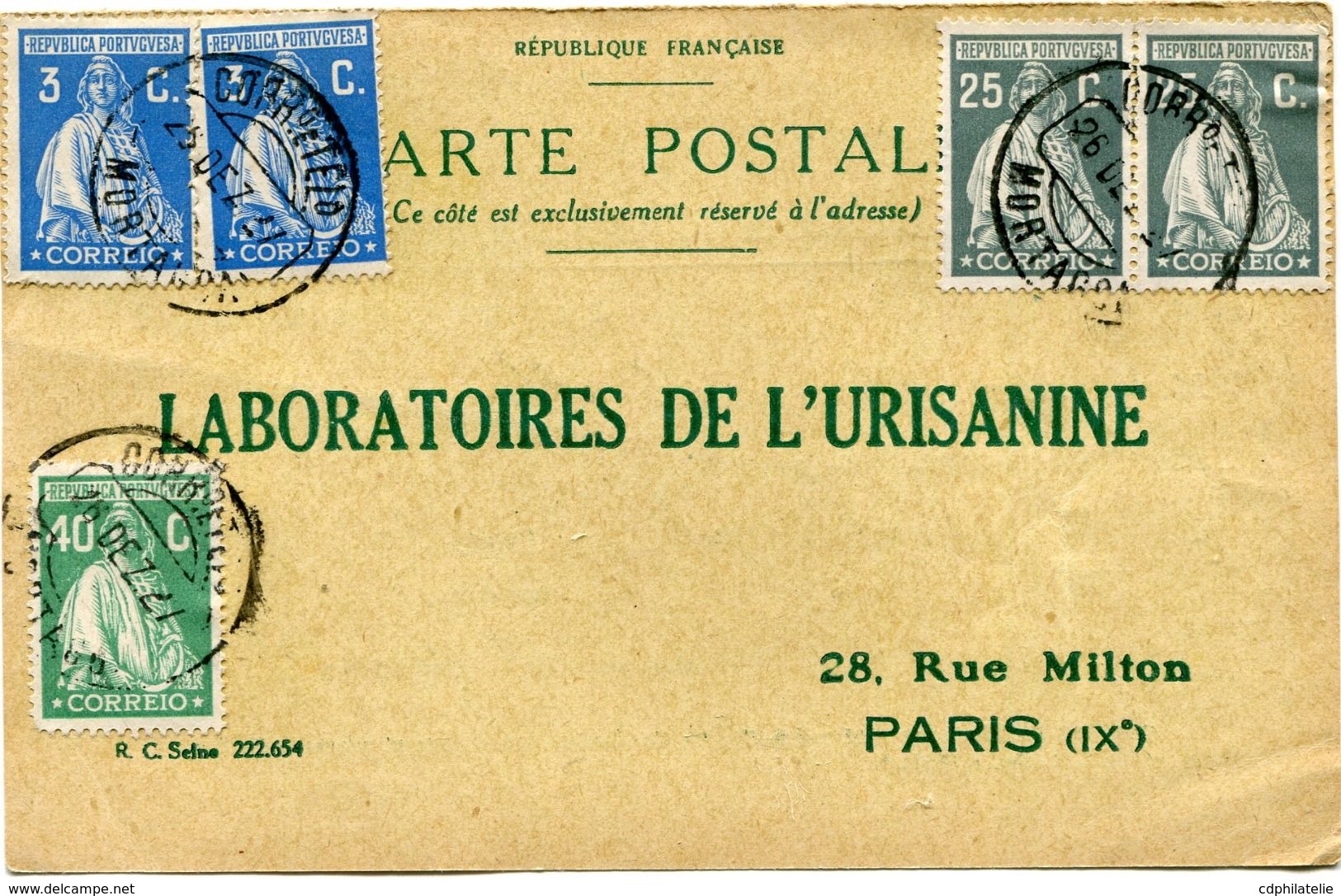 PORTUGAL CARTE POSTALE BON POUR UN FLACON ECHANTILLON D'URISANINE DEPART MORTAGUA 26 DEZ 27  POUR LA FRANCE - Storia Postale