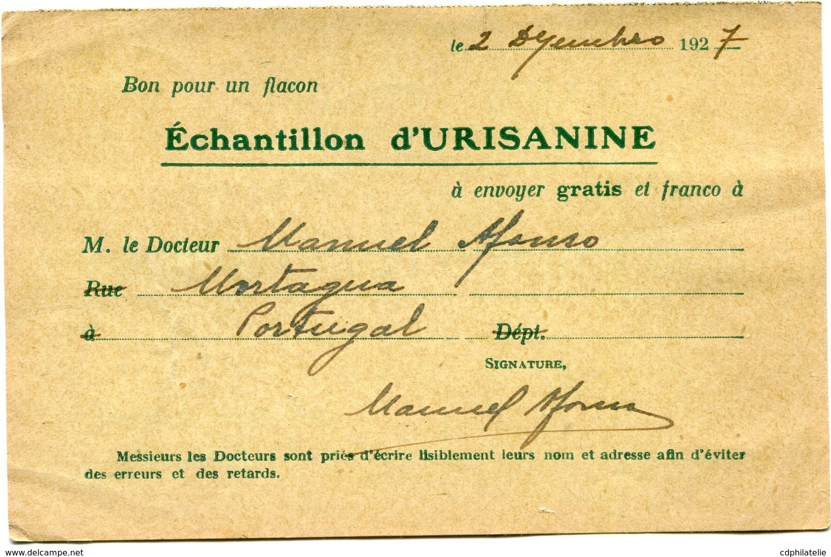 PORTUGAL CARTE POSTALE BON POUR UN FLACON ECHANTILLON D'URISANINE DEPART MORTAGUA 26 DEZ 27  POUR LA FRANCE - Storia Postale