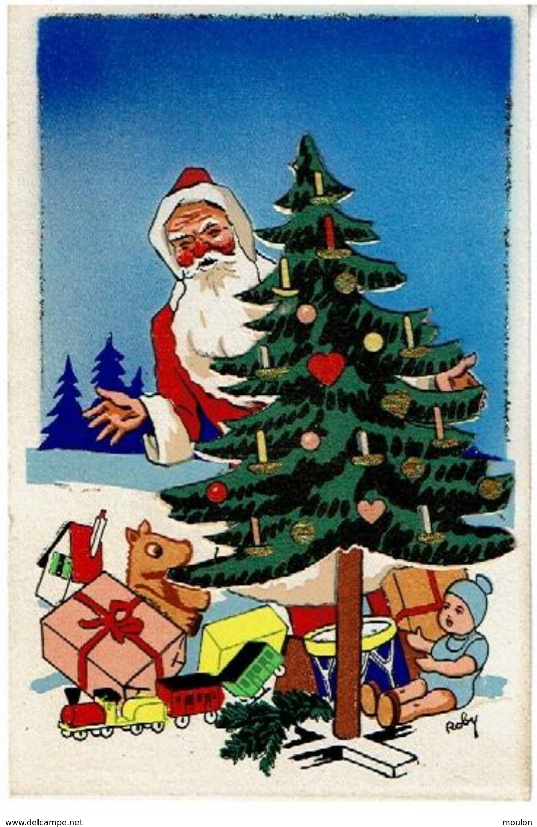 Pere Noel Avec Cadeaux (baigneur,train Tambour...)Ajouts Et Paillettes- Illustrateur Roby- Non Voyagee N615 IDA- - Autres & Non Classés