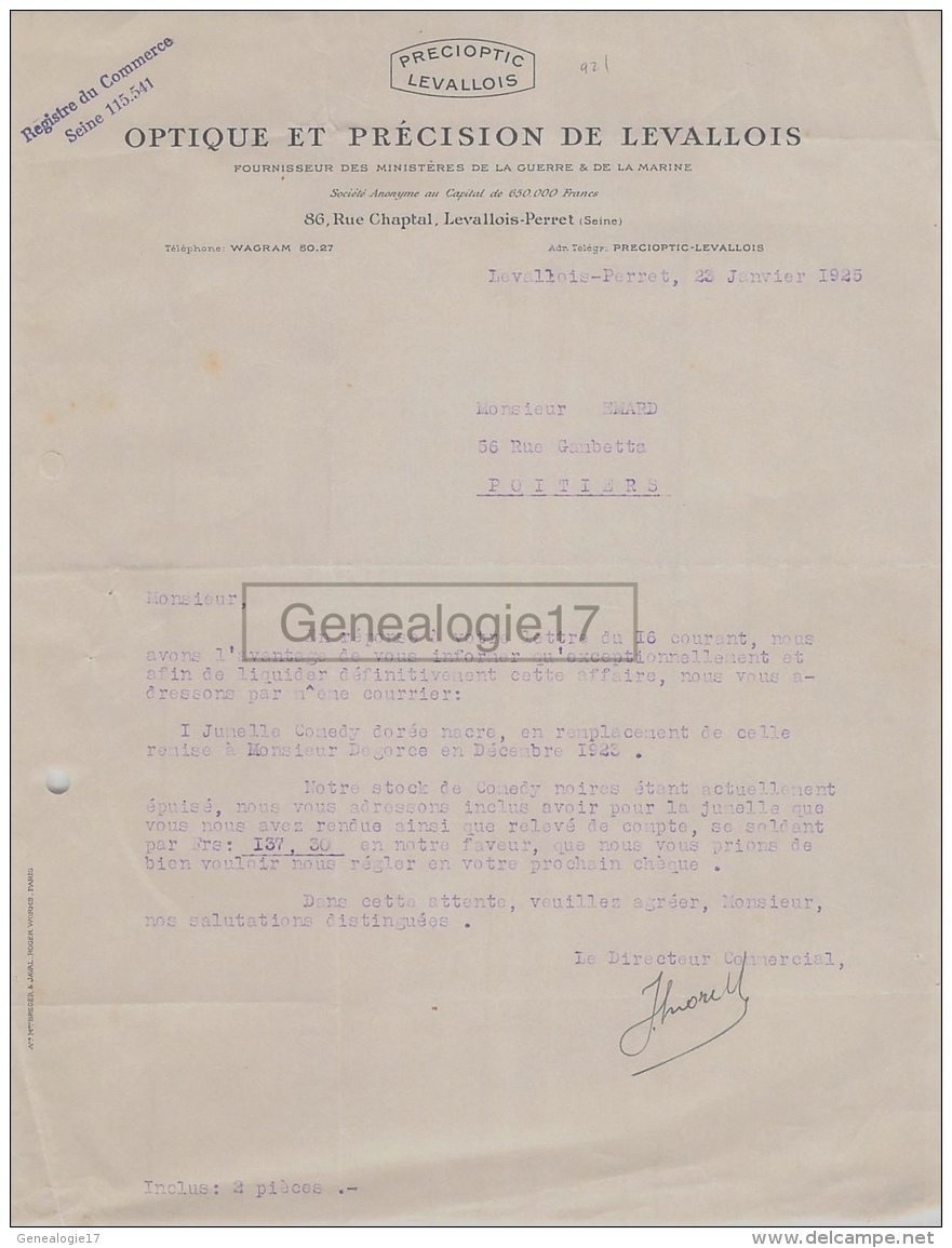 92 2158 LEVALLOIS PERRET SEINE 1925 Lunetterie OPTIQUE ET PRECISION DE LEVALLOIS Rue Chaptal Marque PRECIOPTIC - 1900 – 1949