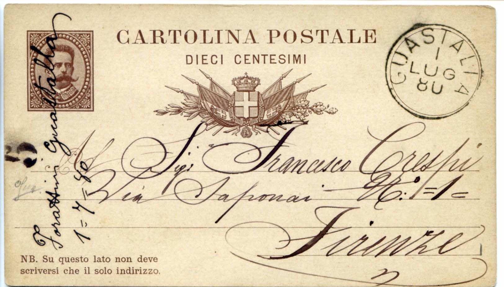 C071> Cartolina Postale Da DIECI 10 CENTESIMI - 1 LUGLIO 1880 = Da Guastalla A Firenze - Tematica: Vino CHIANTI - Interi Postali