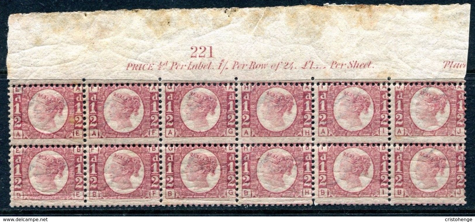 Great Britain 1870 ½d Rose-red Bantam – Plate 13 – Marginal Mint Block Of 12 - Unused Stamps