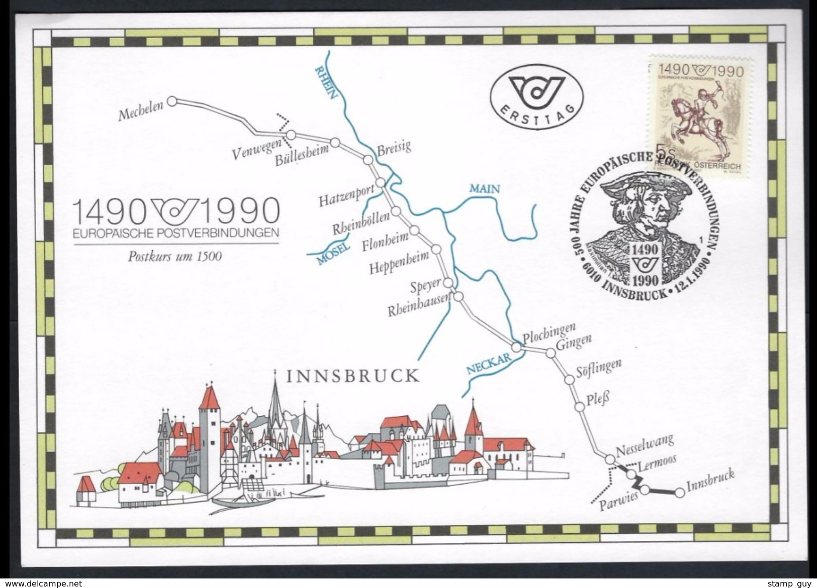 2 X HERDENKINGSKAART 500 Jaar EUROPESE POSTVERBINDING MECHELEN - INNSBRUCK  ! LOT 103 + 117 - 1981-1990