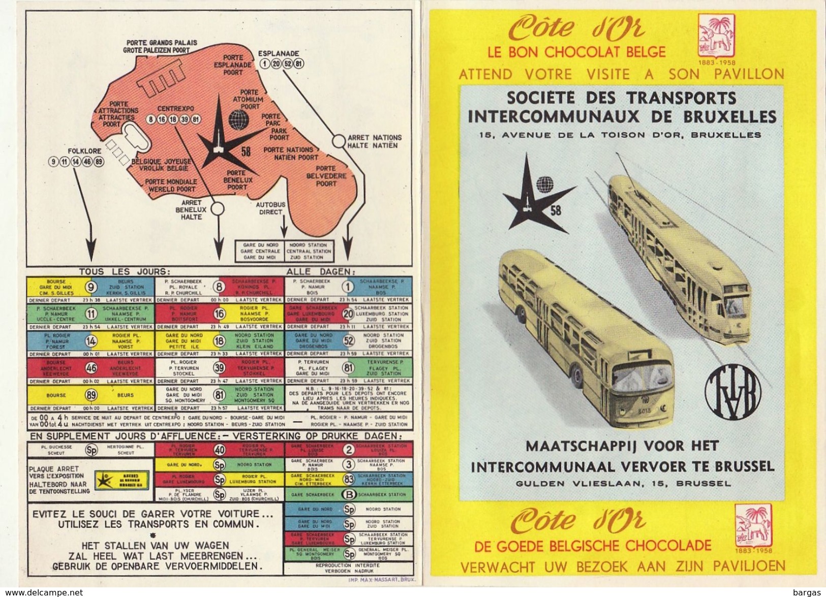 Tram Tramways Bus SNCV Plan Des Lignes De Bruxelles Pour Expo 58 Chocolat Côte D'or - Andere & Zonder Classificatie