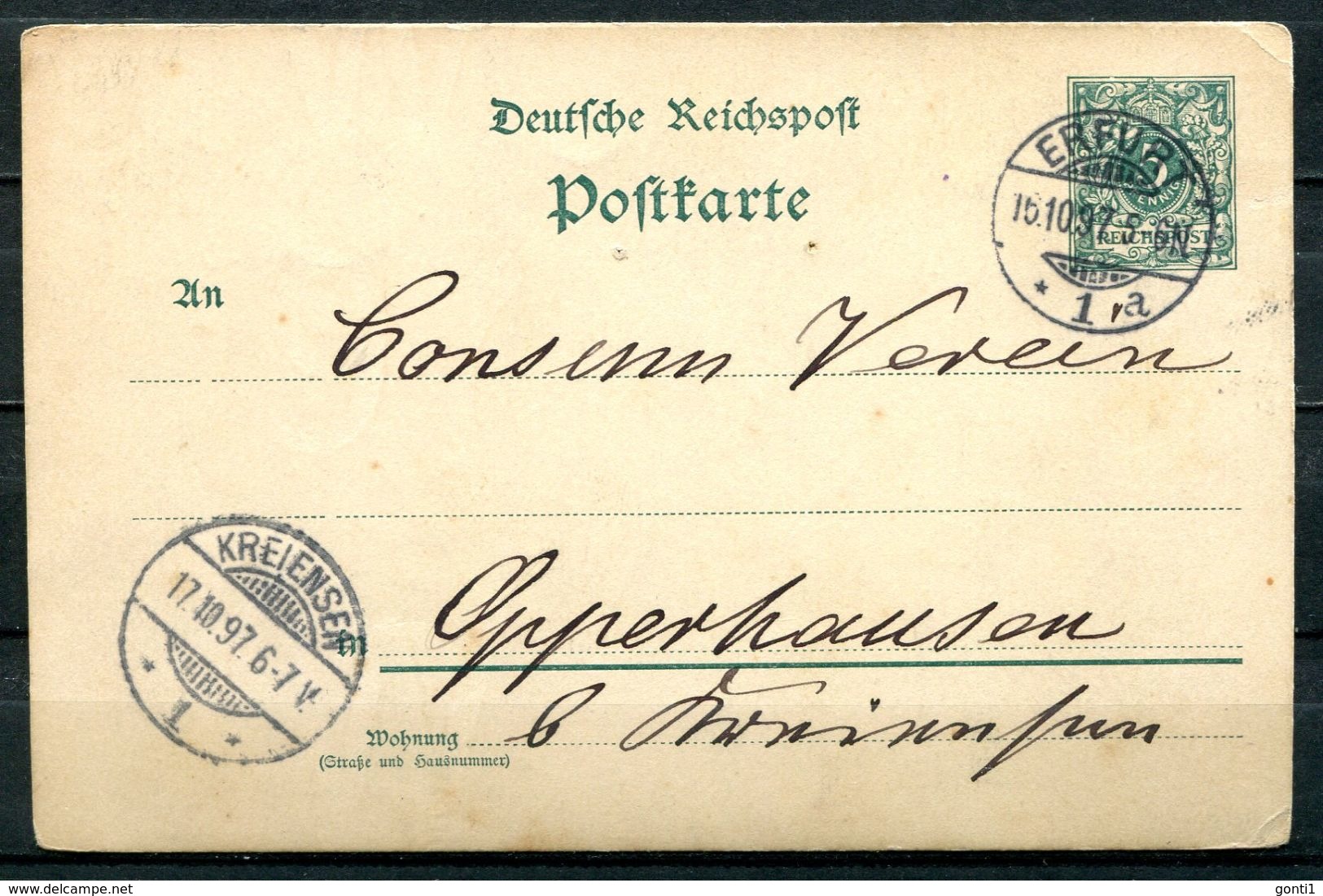 German Empires Erfurt 1897 Ganzsache Mi.Nr.P36 Mit Klaren Tagesstempel"Erfurt U.Kreiensen "1 Beleg - Briefe U. Dokumente