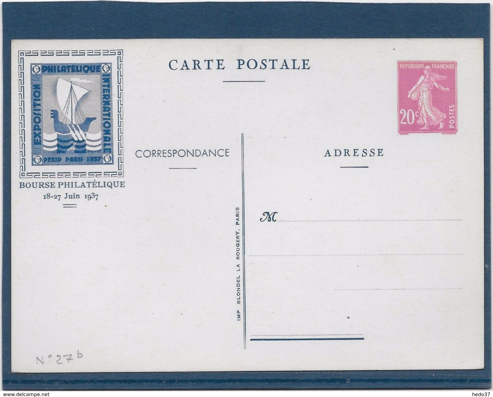 France Entiers Postaux - 20 C Lilas-rose Semeuse Camée - Carte Postale Pexip Bourse Philatélique - TB - Cartes Postales Types Et TSC (avant 1995)