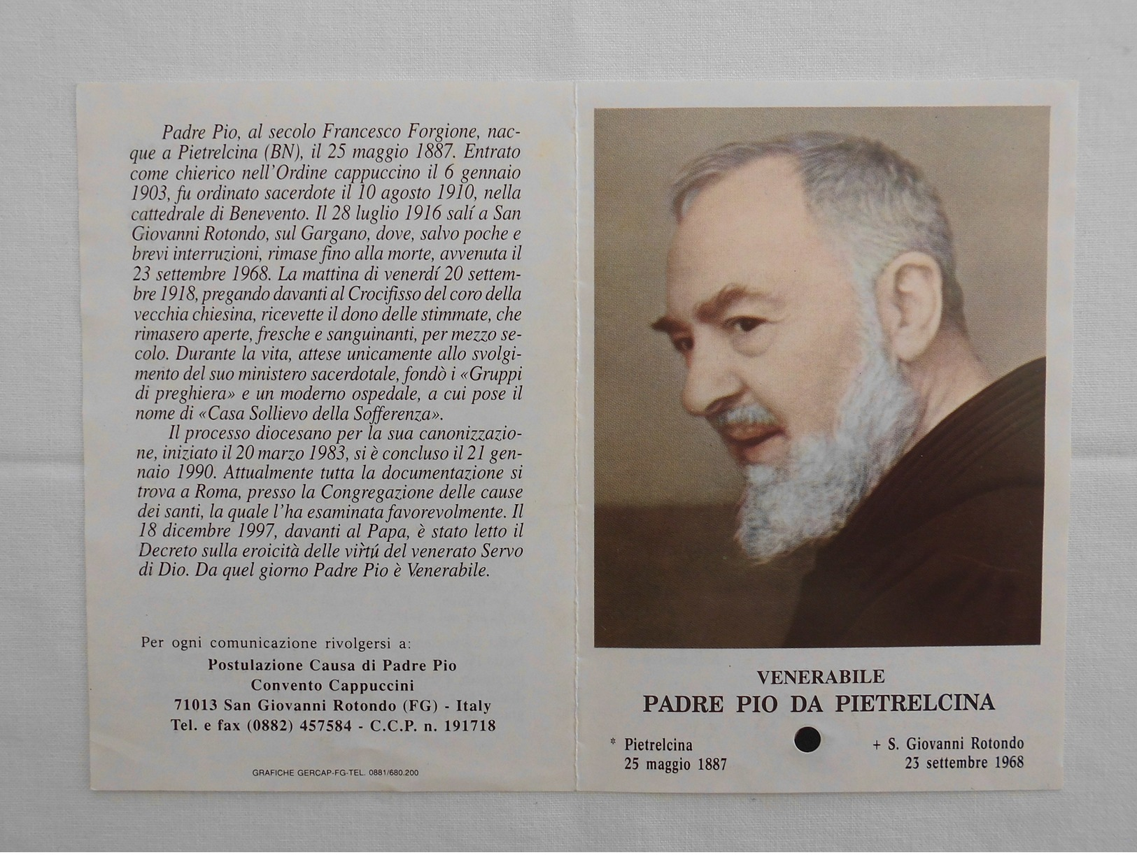 SANTINO PADRE PIO VENERABILE CON RELIQUIA 1971 - Santini