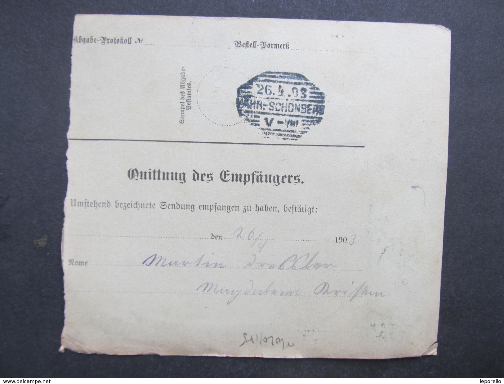 Postbegleitadresse Gross Siegharts 1903  //  D*28258 - Briefe U. Dokumente