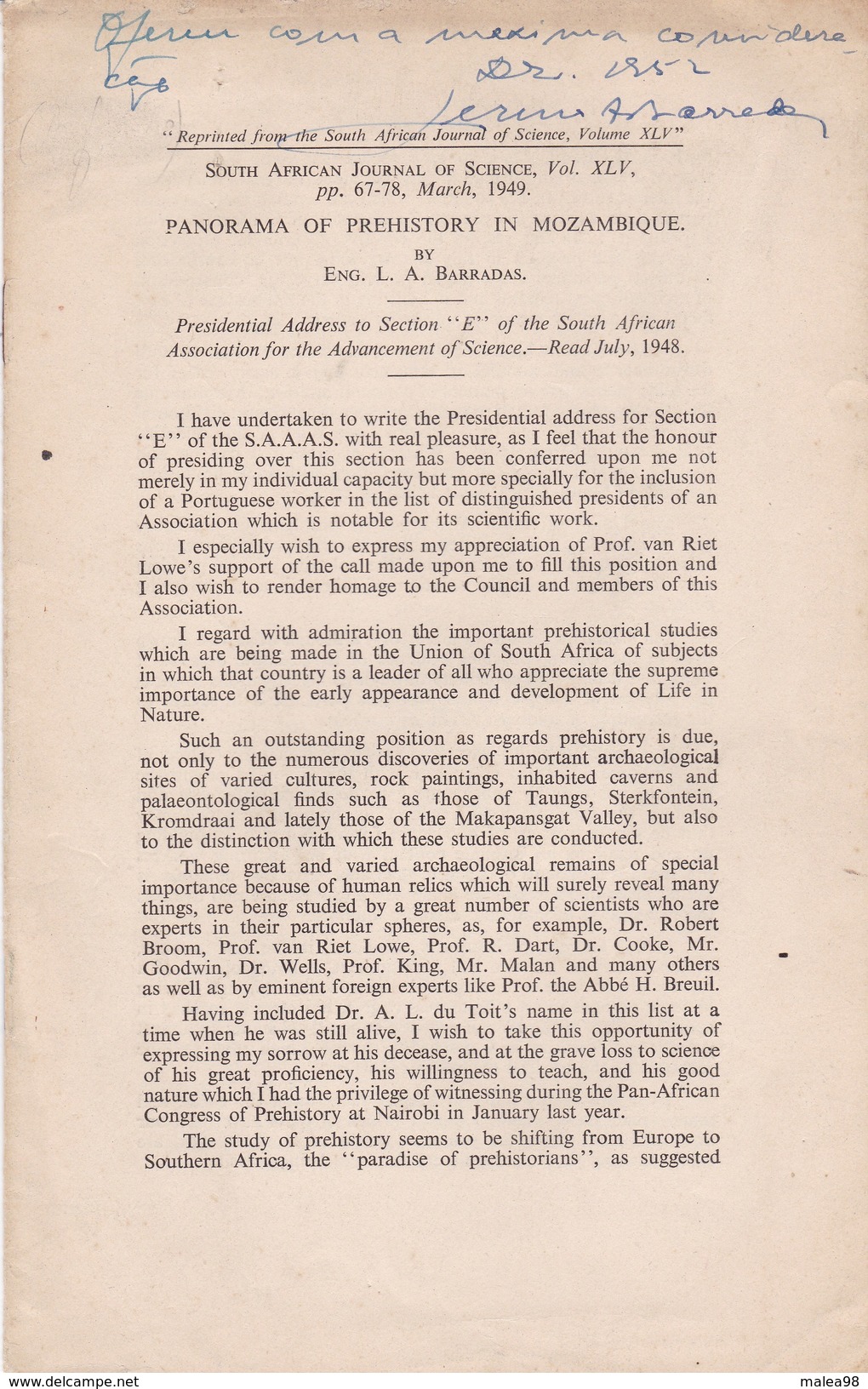 PANORAMA Of   PREHISTORY   In  MOZAMBIQUE   BY  ENG.  L. A.  BARRABAS,,,,,DEDICACE Of  A. BARRABAS  1948,,,,BE - Afrique