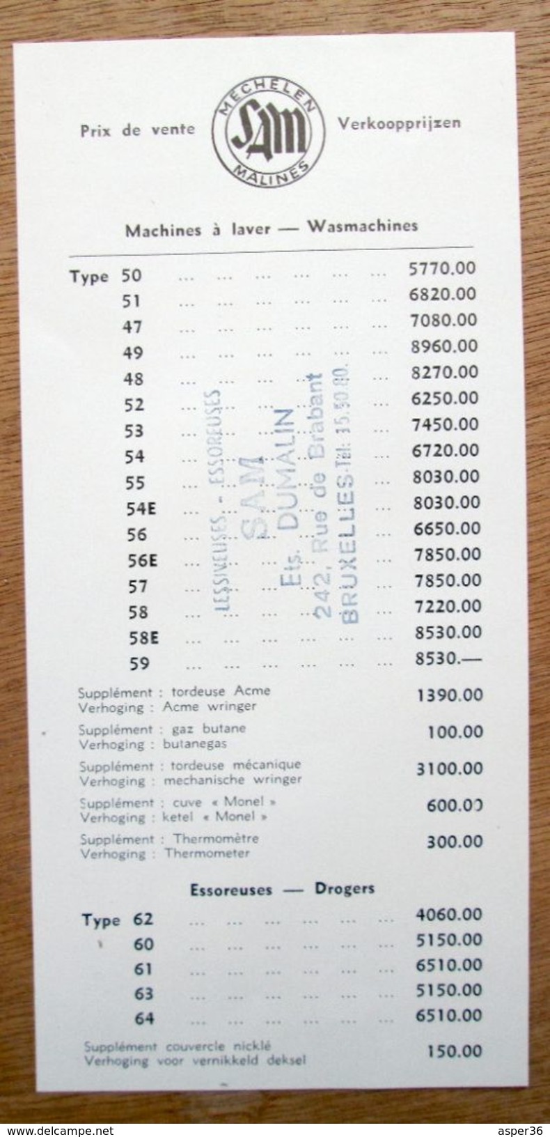 Brochure "Machine à Laver / Wasmachines "Sam" Mechelen - Collections