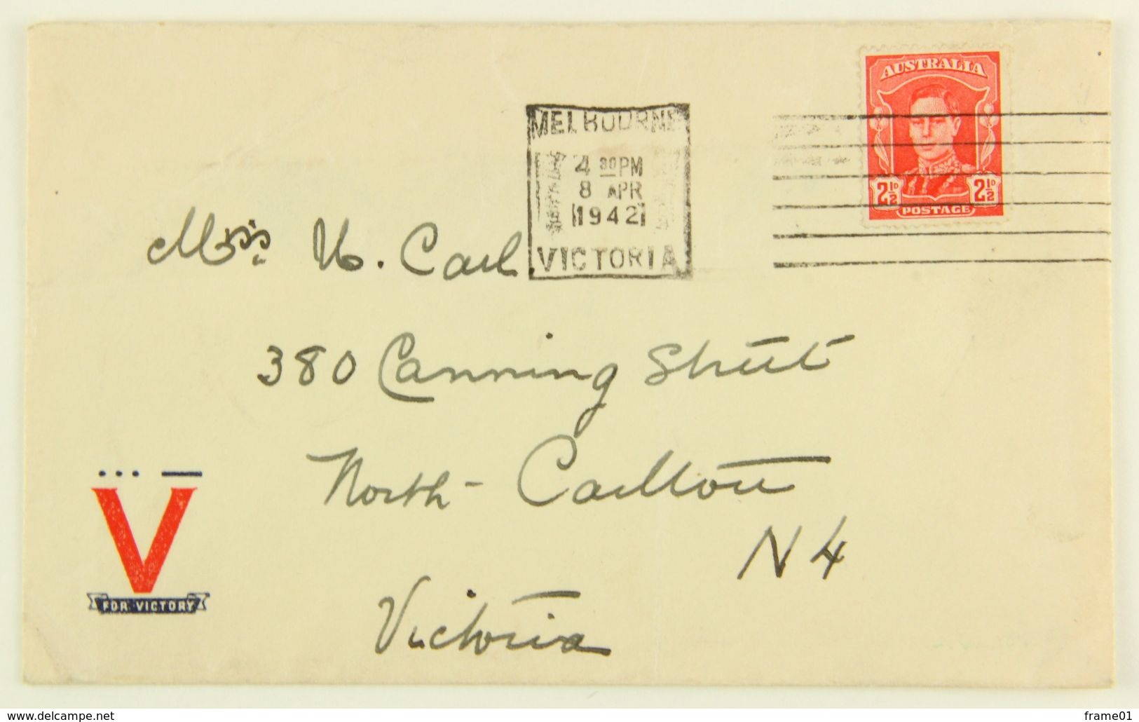 Australia, 1942 Melbourne --> North Carlton, Fr. 2 1/2 D Machine Cancellation - Briefe U. Dokumente