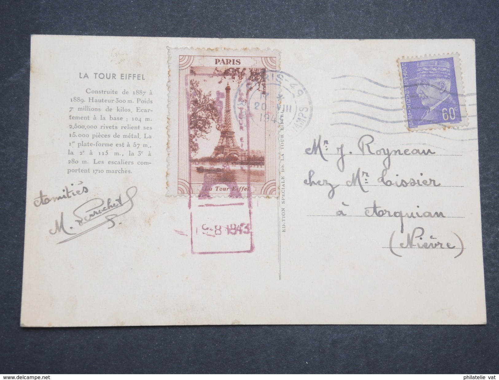 FRANCE - Carte Postal Avec Vignette "la Tour Eiffel" - Août 1943 - P22141 - Tourism (Labels)