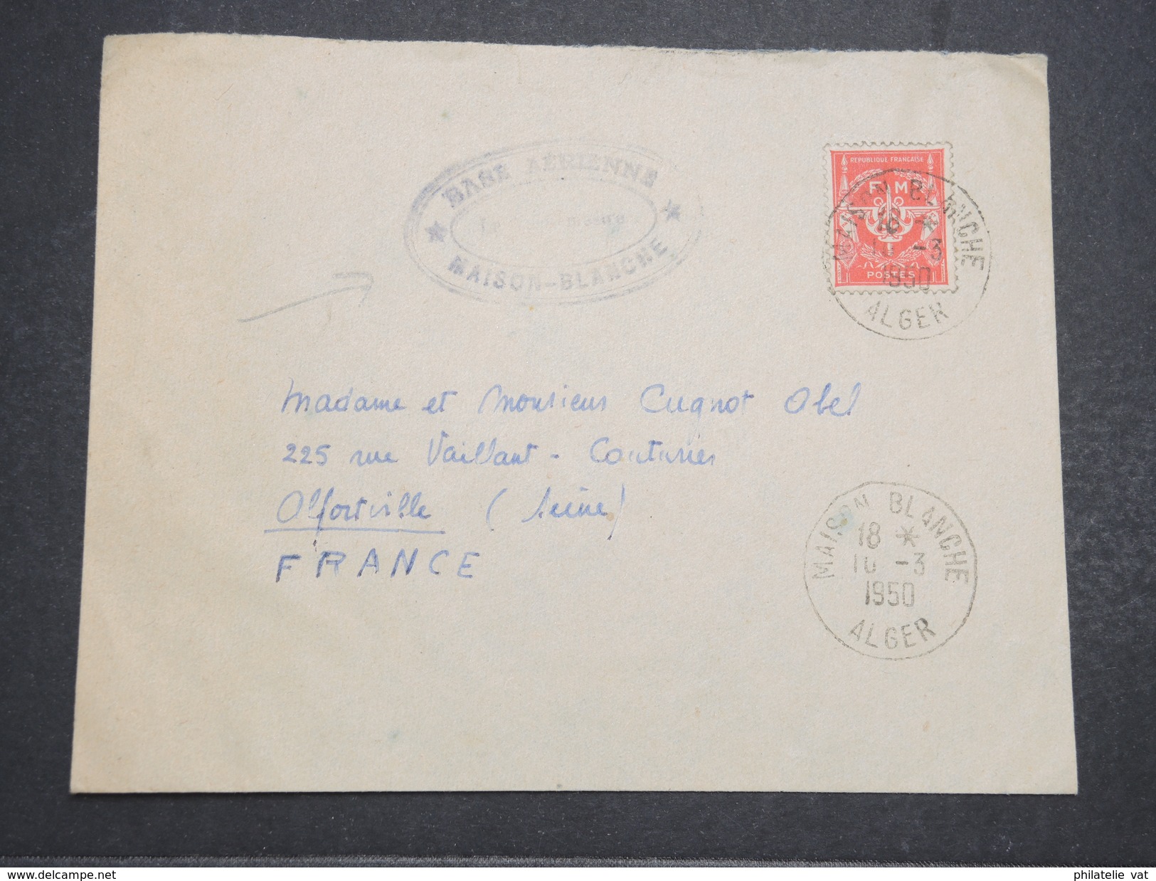 FRANCE - Env En FM D'Alger Pour Alfortville Avec Beau Cachet "Base Aérienne Maison Blanche" D'Alger - Mars 1950 - P22143 - Poste Aérienne