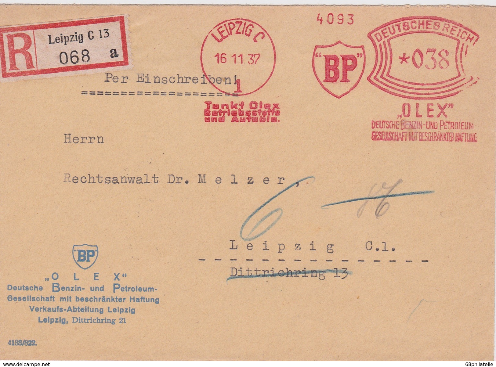 ALLEMAGNE 1937 LETTRE RECOMMANDEE DE LEIPZIG AVEC CACHET ARRIVEE EMA THEME ESSENCE PETROLE BP - Macchine Per Obliterare (EMA)