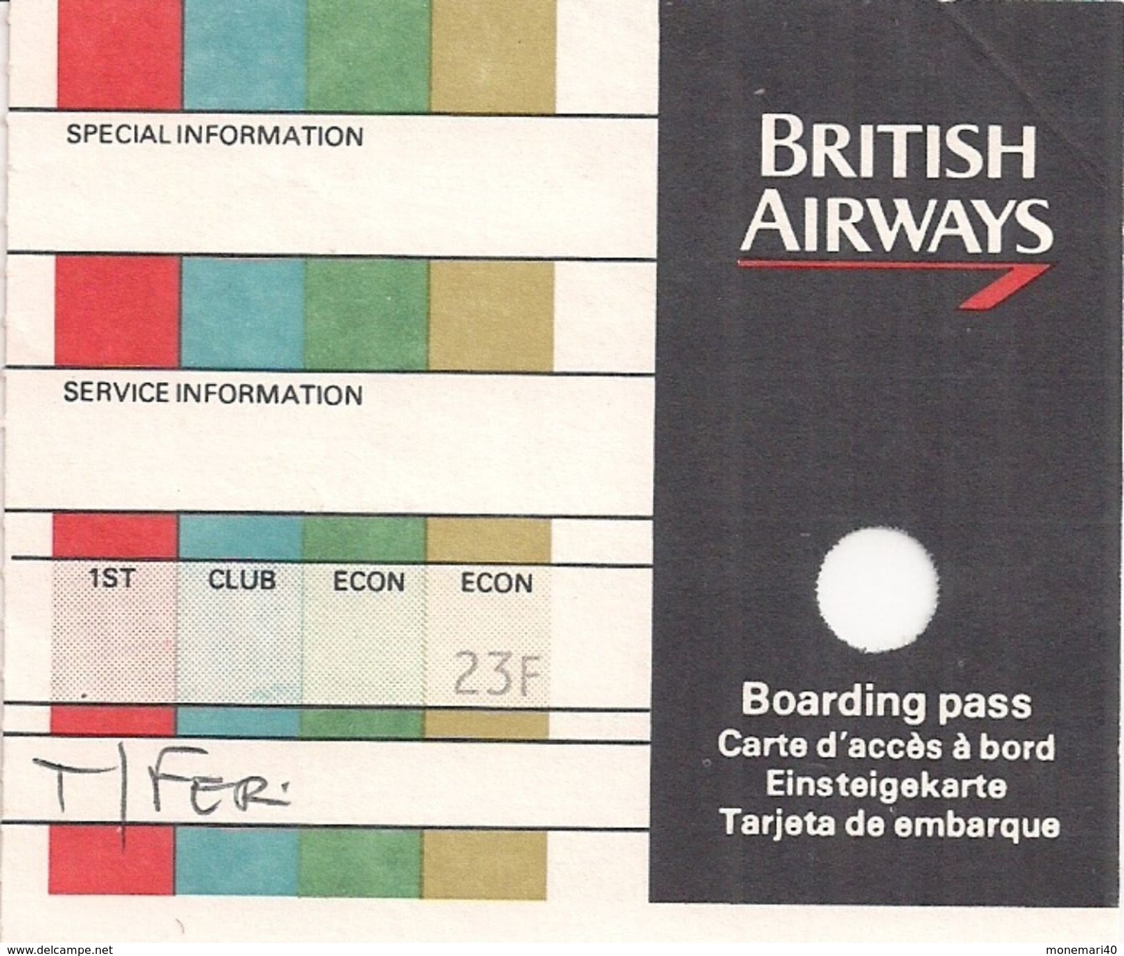 BRITISH AIRWAYS - CARTE D'ACCÈS A BORD (1988) - Monde
