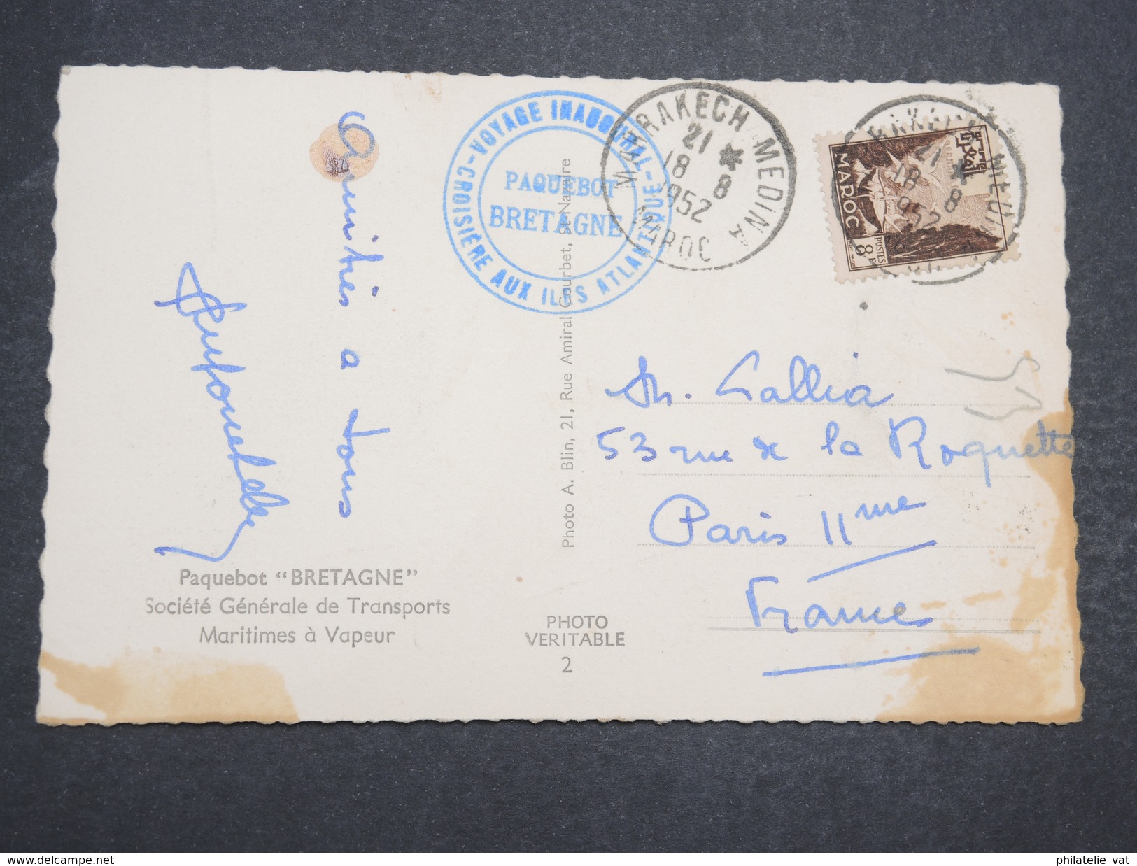 MAROC - Carte Postale Avec Cachet Commémoratif Paquebot Bretagne - Août 1952 - P22145 - Lettres & Documents