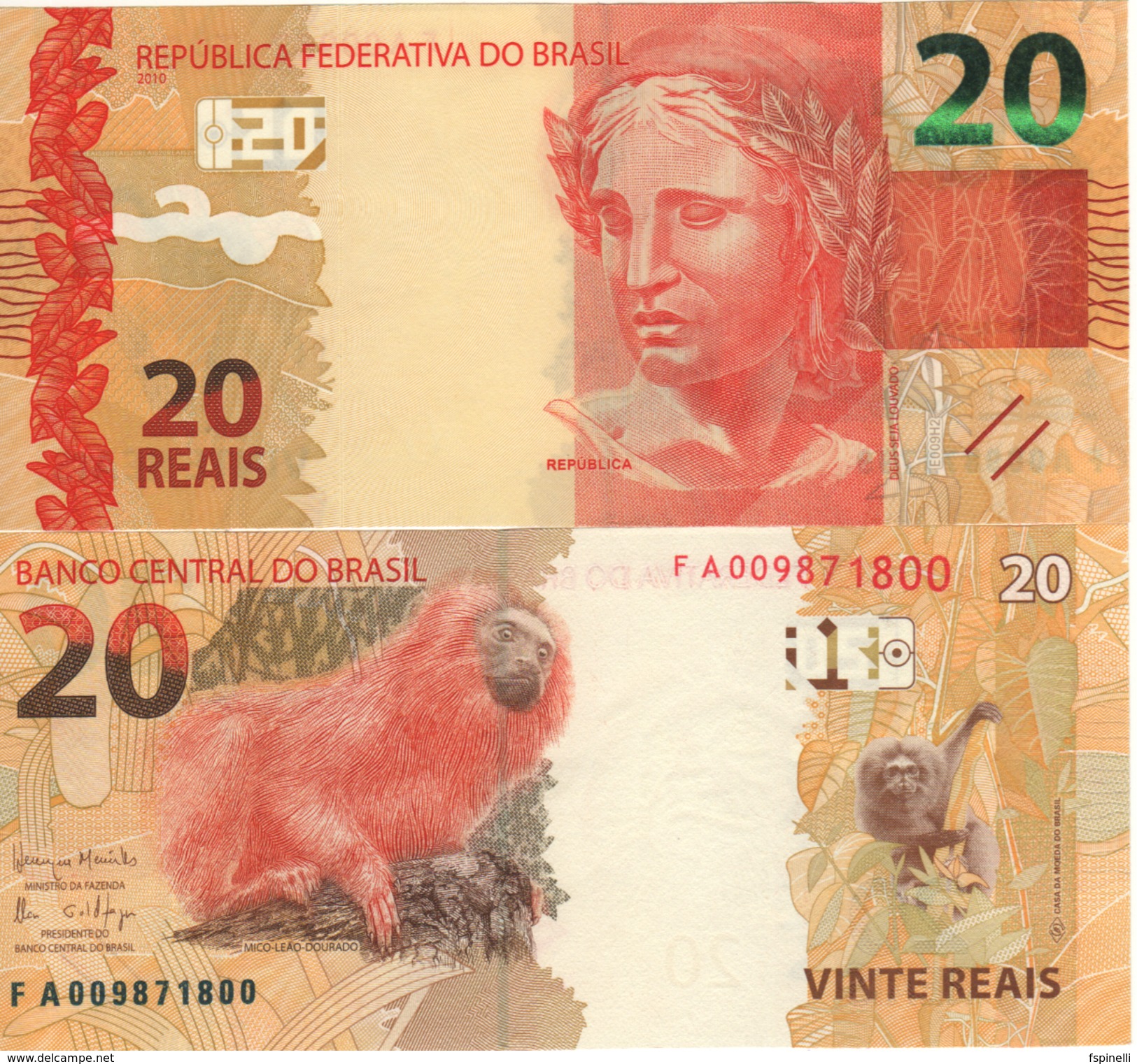 BRAZIL    20 Reais   P255c   New Signatures   "Lion Monkey At Back"  UNC - Brazilië