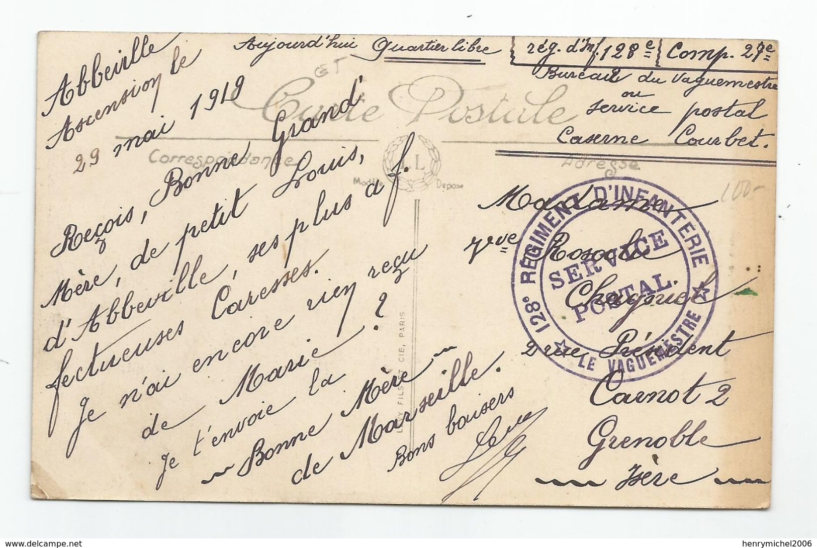 Marcophilie Cachet Militaire 128 E Régiment D'infanterie Service Postal 1919 Abbeville Somme 80 Pour Grenoble - Military Postmarks From 1900 (out Of Wars Periods)