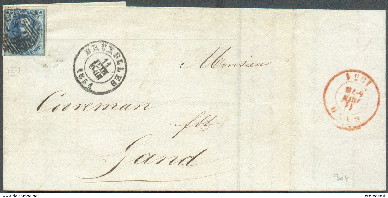N°4 - Médaillon 20 Centimes Bleu, Obl. P.24 Sur Lettre De BRUXELLES 11 Juin 1851 (avec Càd NOIR, Pas Commun à Bruxelles - 1849-1850 Medaglioni (3/5)