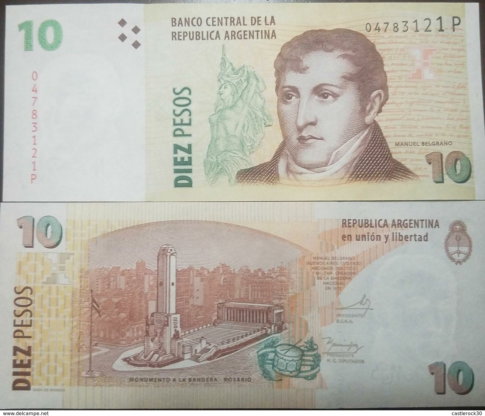 O) 2016 ARGENTINA, BANKNOTE 10 PESOS ARP, GENERAL BELGRANO-MONUMENT TO THE FLAG -IN ROSARIO- MUSICAL INSTRUMENT, PAPER M - Argentine