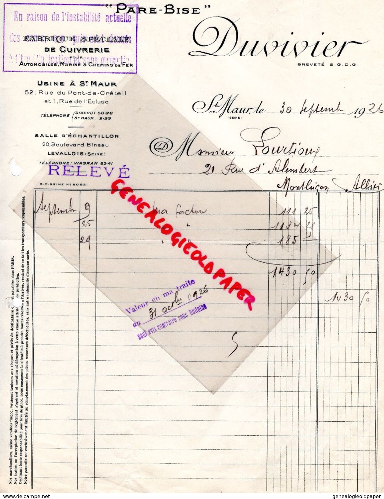 94- ST SAINT MAUR-92-LEVALLOIS- FACTURE DUVIVIER- PARE BISE- FABRIQUE DE CUIVRERIE-CUIVRE-USINE 52 RUE PONT CRETEIL-1926 - Old Professions