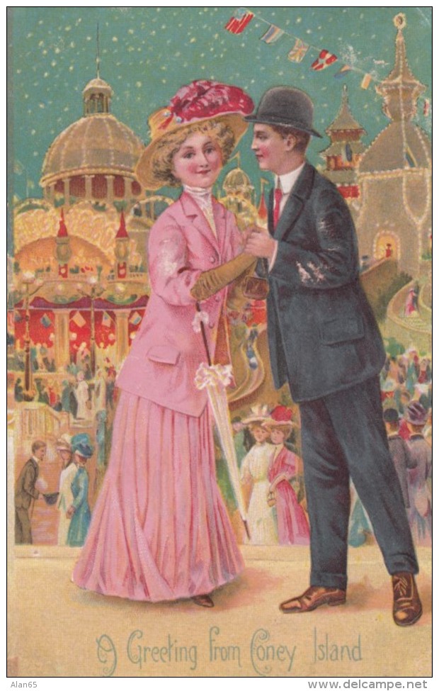 Coney Island New York Amusement Park, Greetings Couple Romance Theme, C1900s Vintage Postcard - Brooklyn